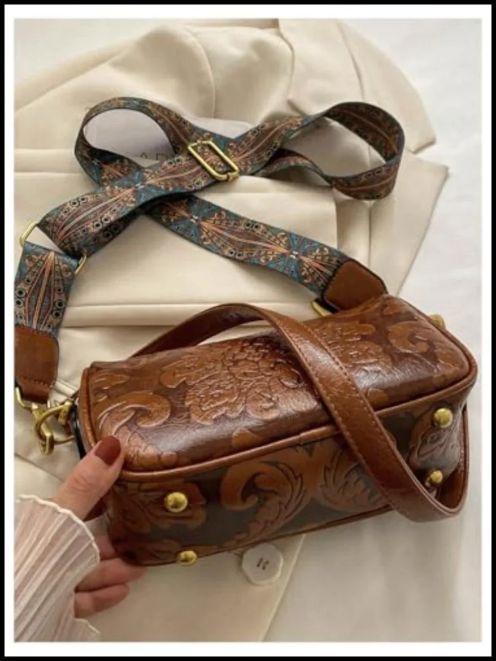 Vintage Western Floral Tooled Leather Crossbody Hobo Purse Square Country